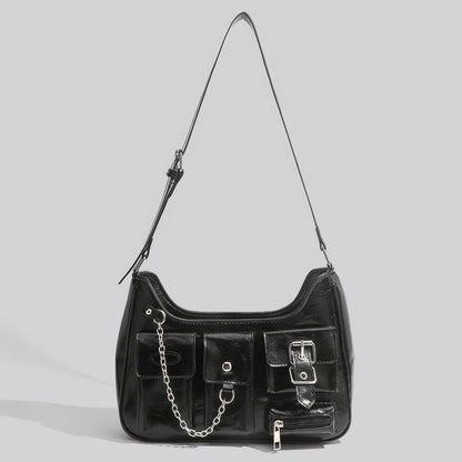 Multi Pocket Chain Accent Black Shoulder Bag