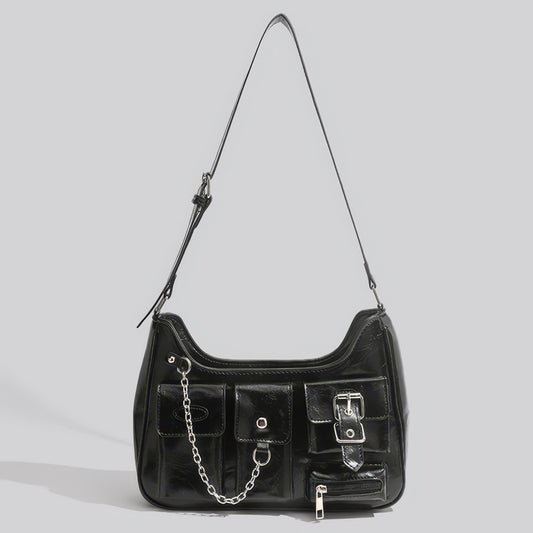 Multi Pocket Chain Accent Black Shoulder Bag