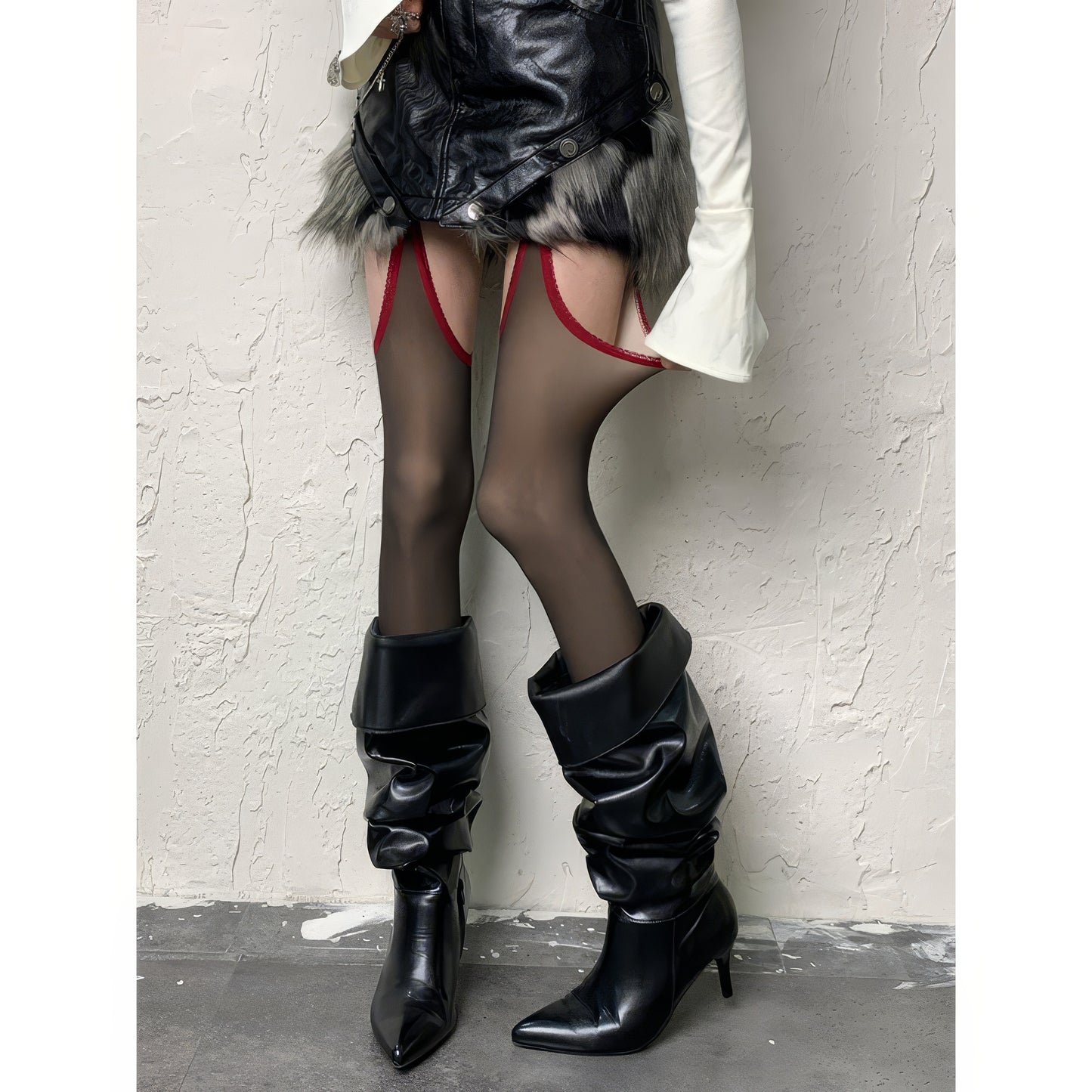 Red Trim Faux Garter Sheer Tights