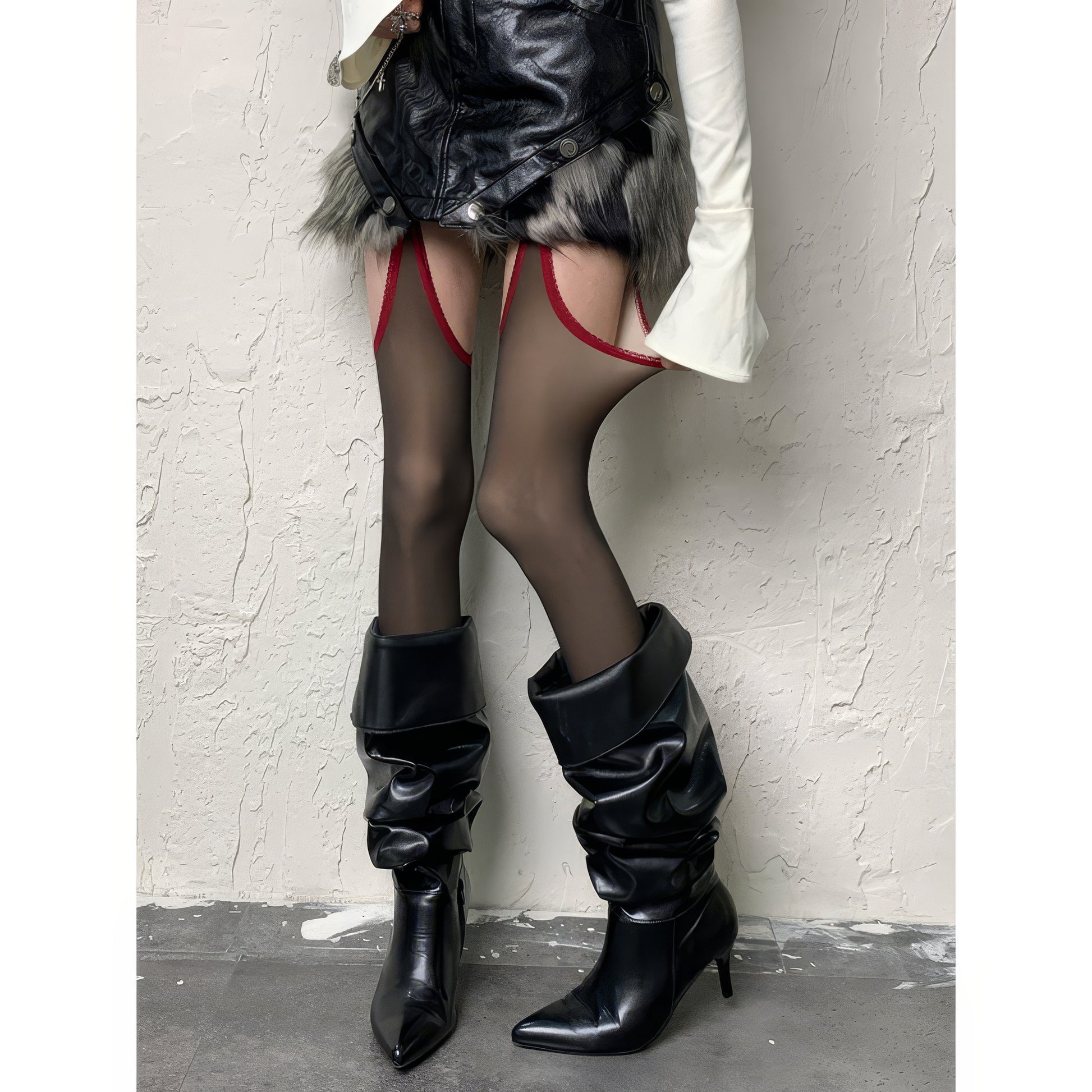 Red Trim Faux Garter Sheer Tights