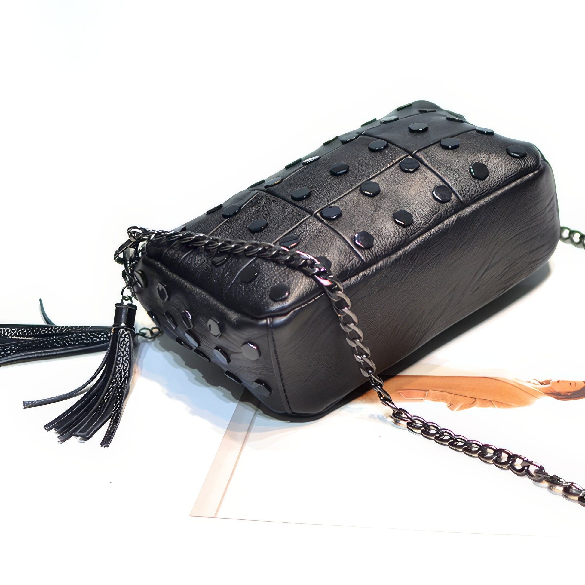Hex Stud Tassel Chain Crossbody Bag
