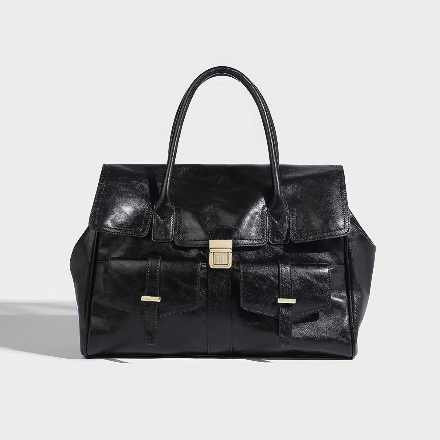 Structured Glossy Pocket Detail Tote Bag