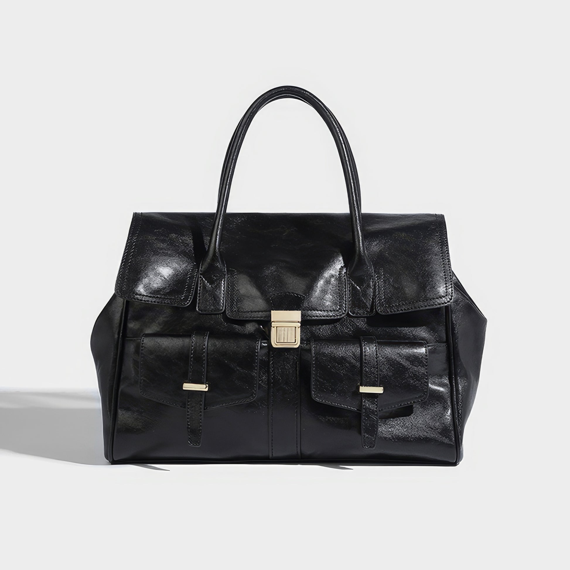 Structured Glossy Pocket Detail Tote Bag