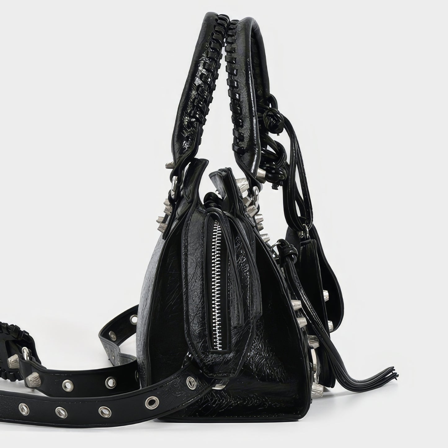 Studded Textured Leather Buckle Handbag