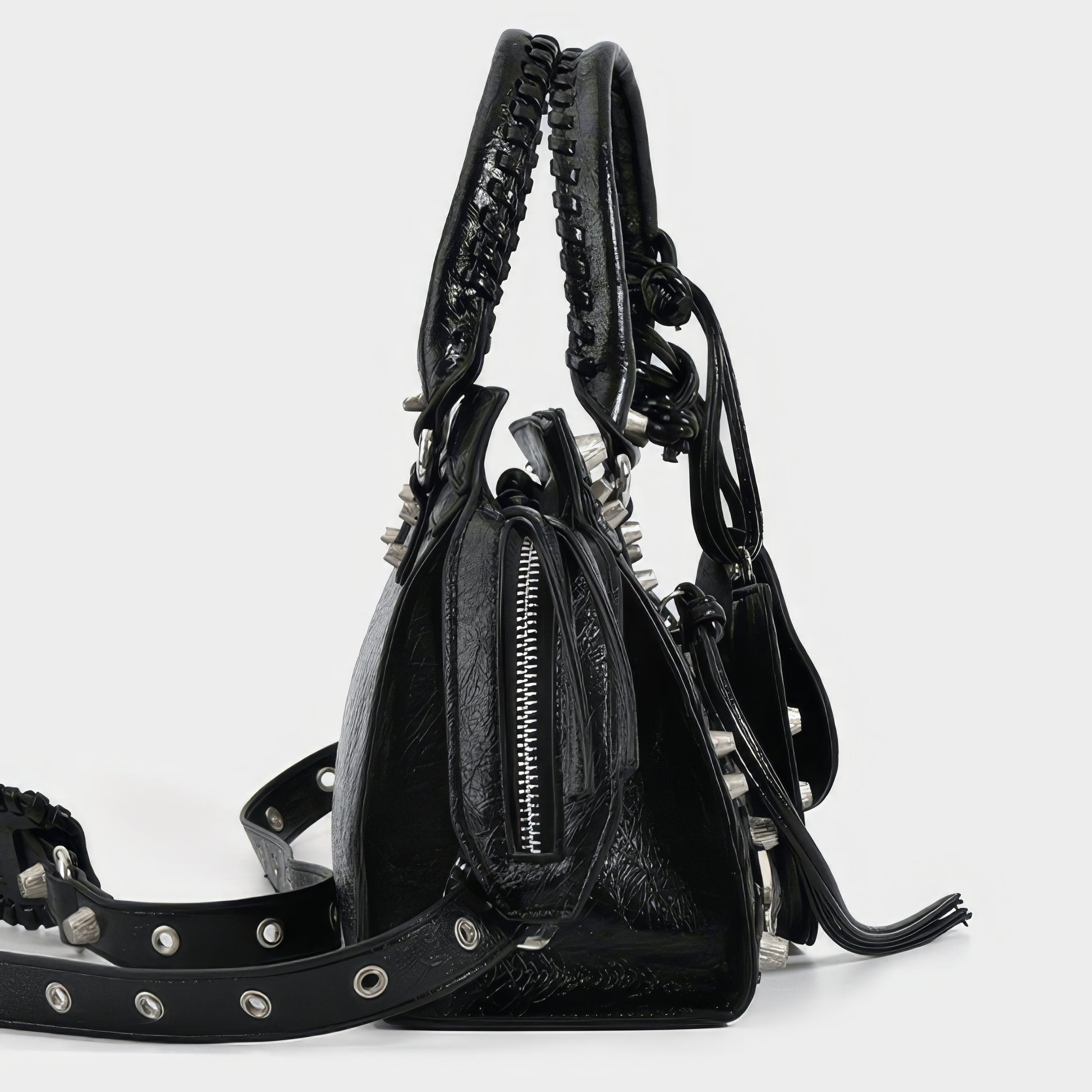 Studded Textured Leather Buckle Handbag