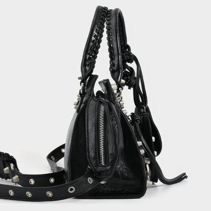 Studded Textured Leather Buckle Handbag