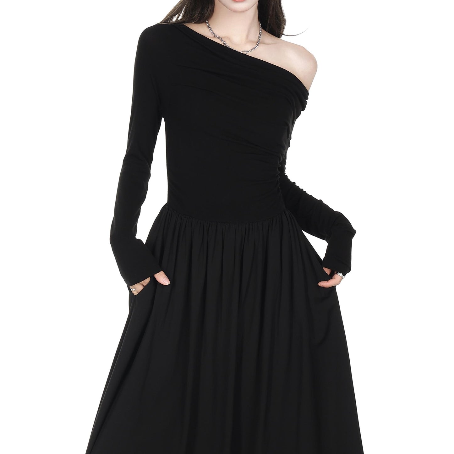 Draped Off Shoulder Long Sleeve Maxi Dress