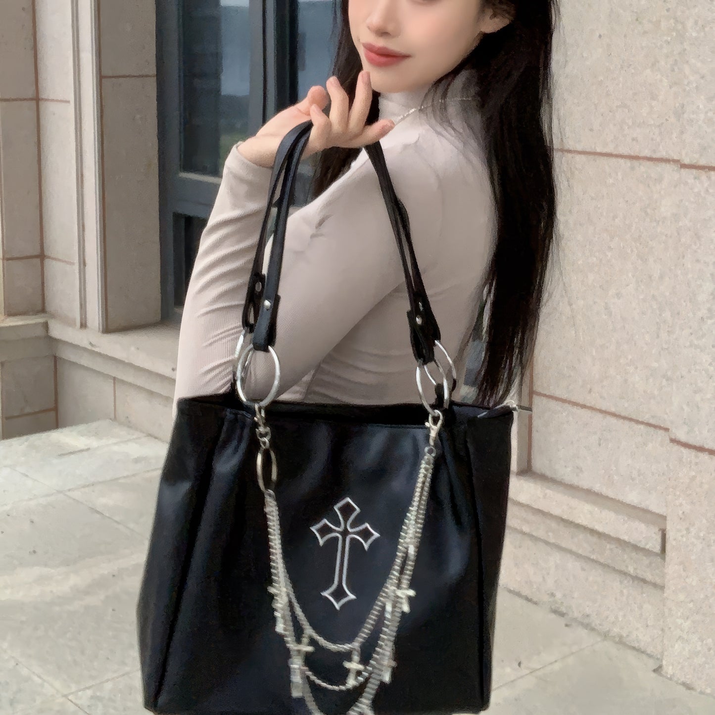 Chain Cross Accent Faux Leather Shoulder Bag