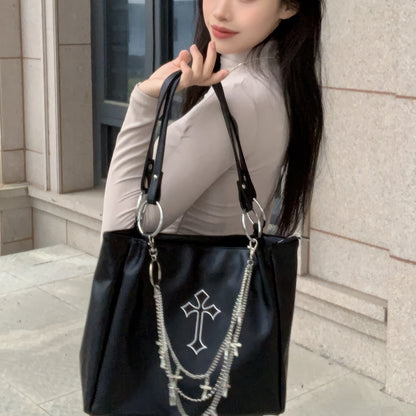Chain Cross Accent Faux Leather Shoulder Bag