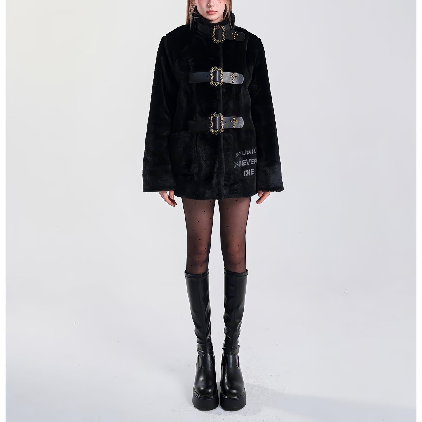 Faux Fur Buckle Strap Oversized Coat
