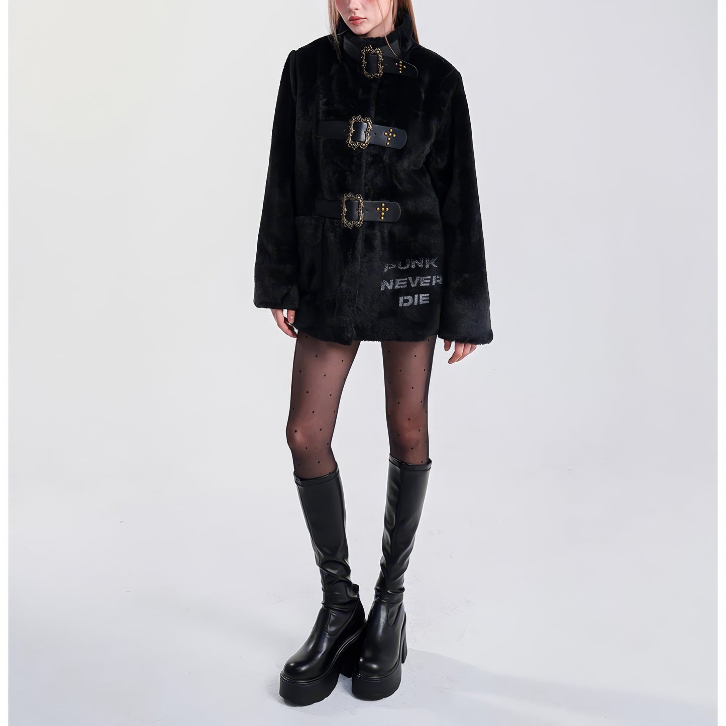 Faux Fur Buckle Strap Oversized Coat