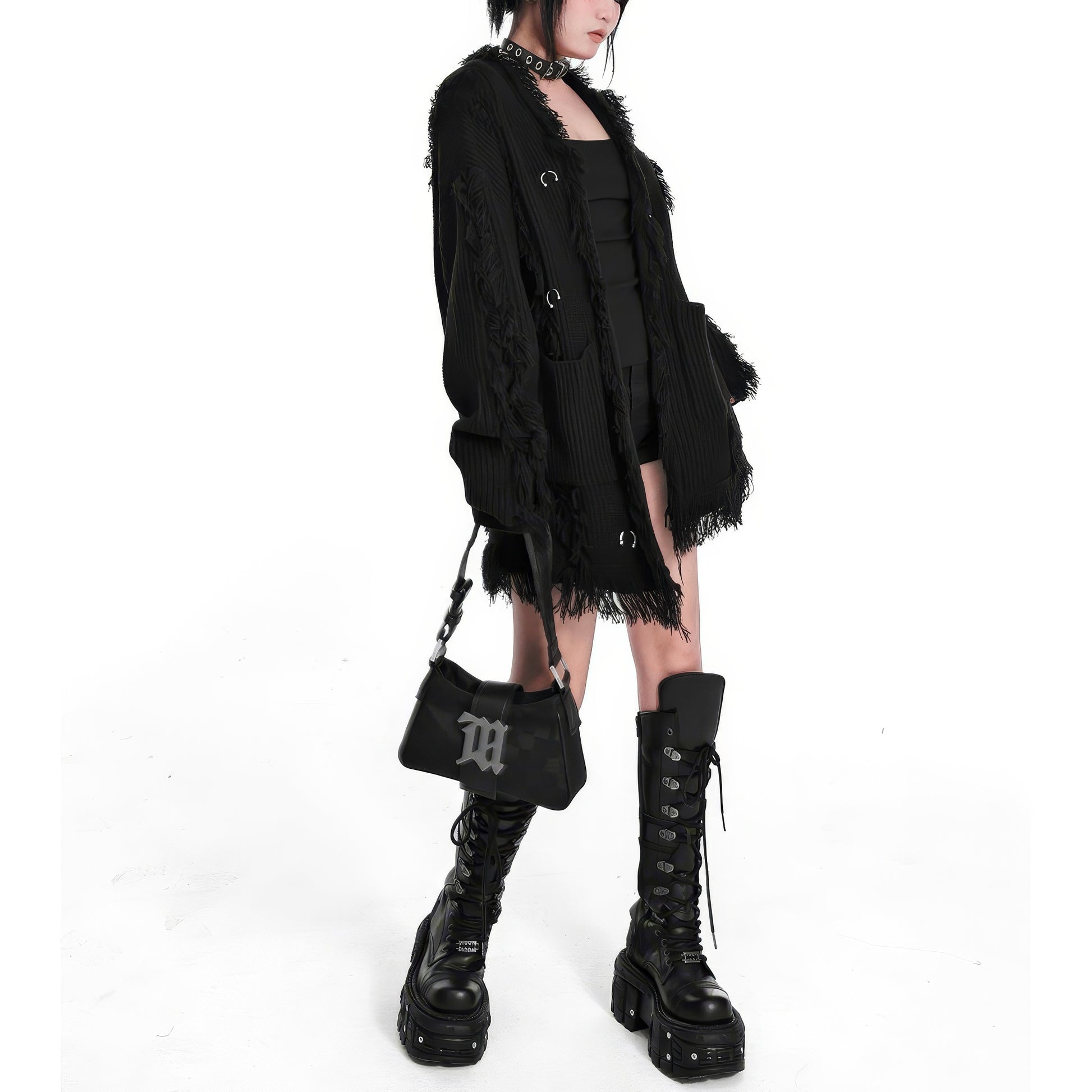 Frayed Edge Eyelet Knit Cardigan