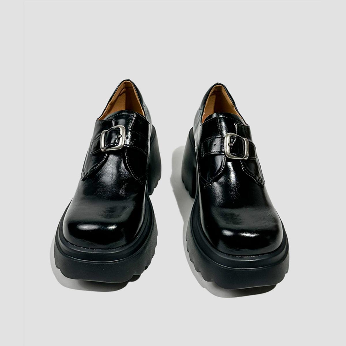Black Buckle Chunky Heel Loafers