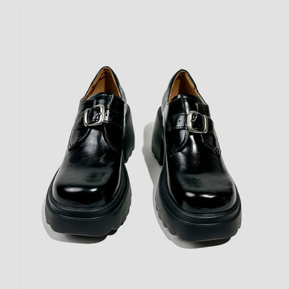 Black Buckle Chunky Heel Loafers