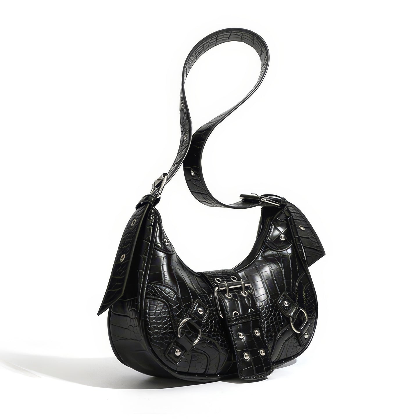 Croc-Effect Buckle Strap Shoulder Bag