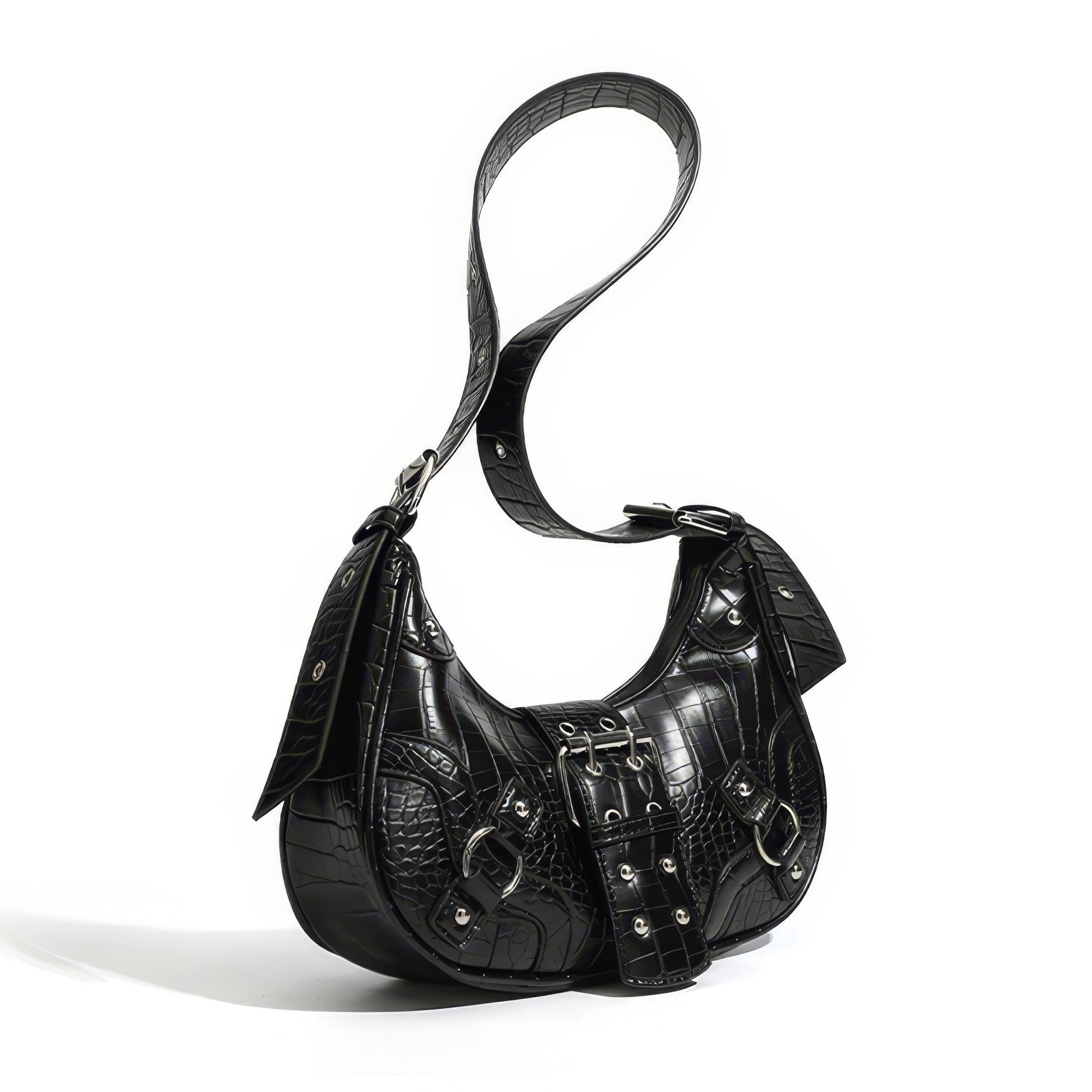 Croc-Effect Buckle Strap Shoulder Bag