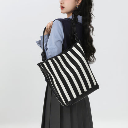 Striped Canvas Shoulder Tote Bag