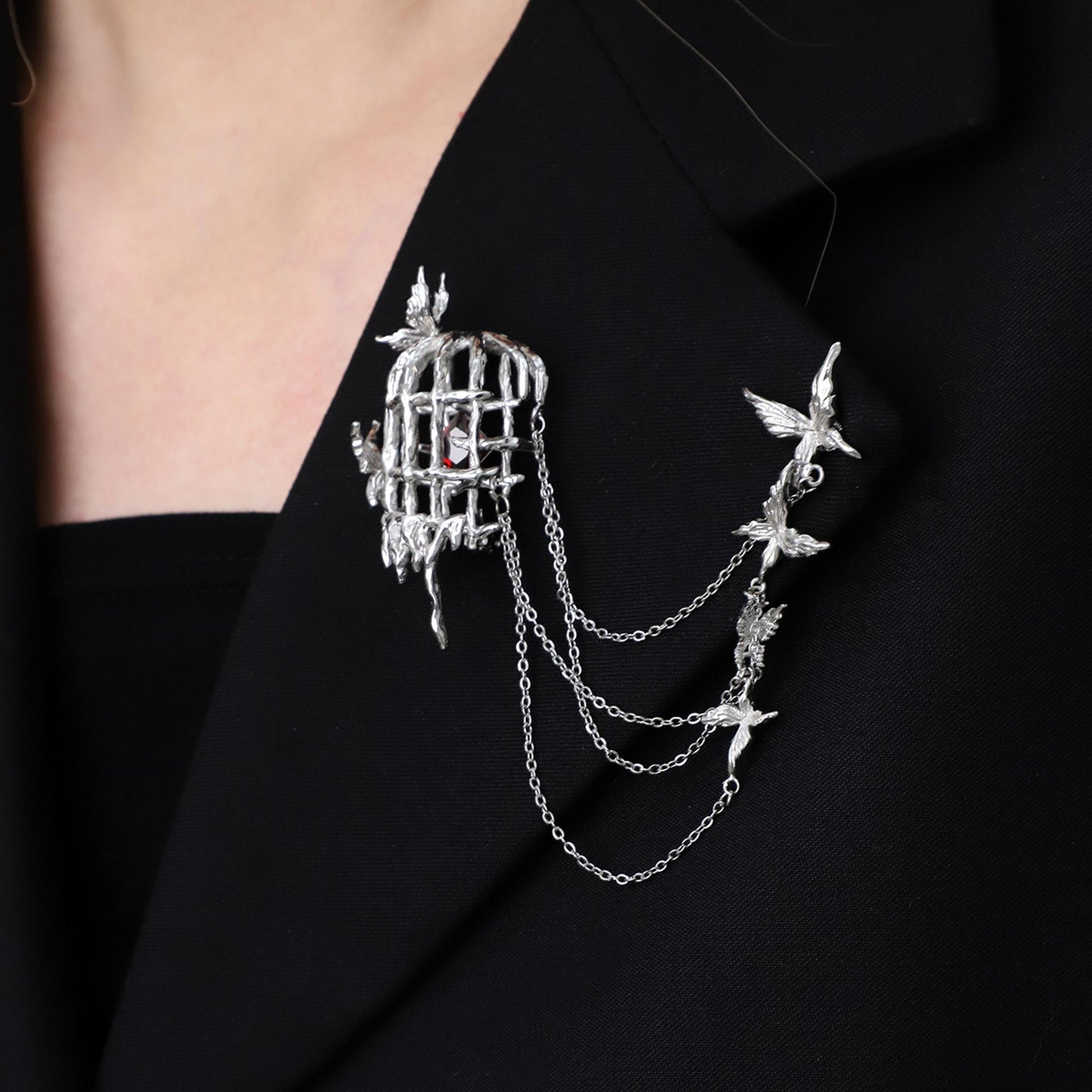 Caged Heart Bird Chain Brooch