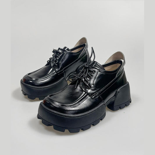 Black Glossy Chunky Heel Derby Shoes