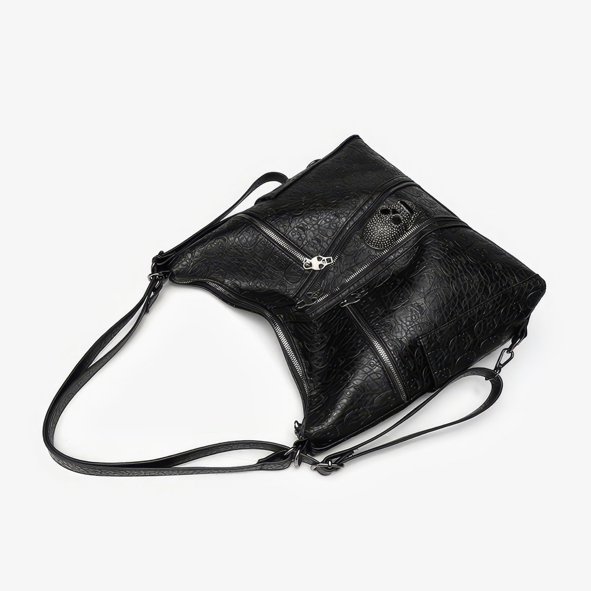 Skull Embossed Zip Detail Hobo Bag