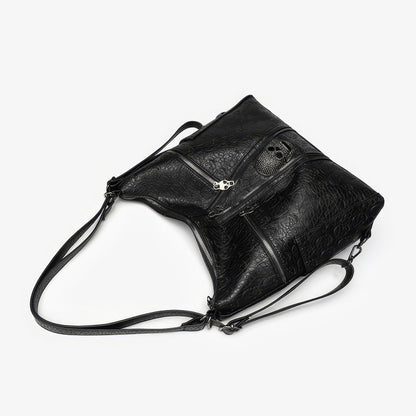 Skull Embossed Zip Detail Hobo Bag