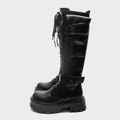 Black Spike Strap Lace-Up Knee-High Boots