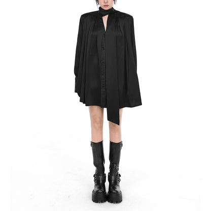 Satin Pleated Tie Neck Shirt Dress