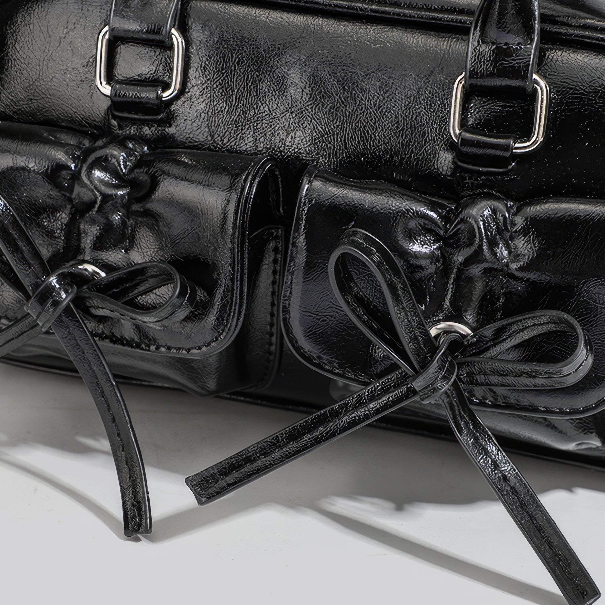 Glossy Bow Pocket Double Strap Shoulder Bag