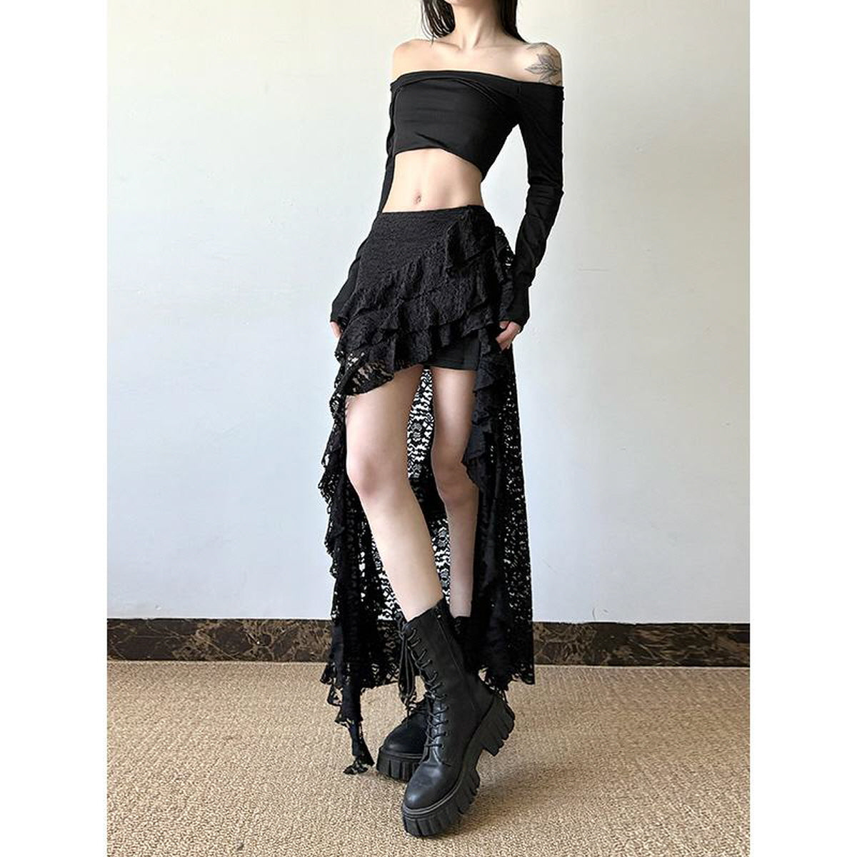 Lace Ruffled Asymmetrical Skirt