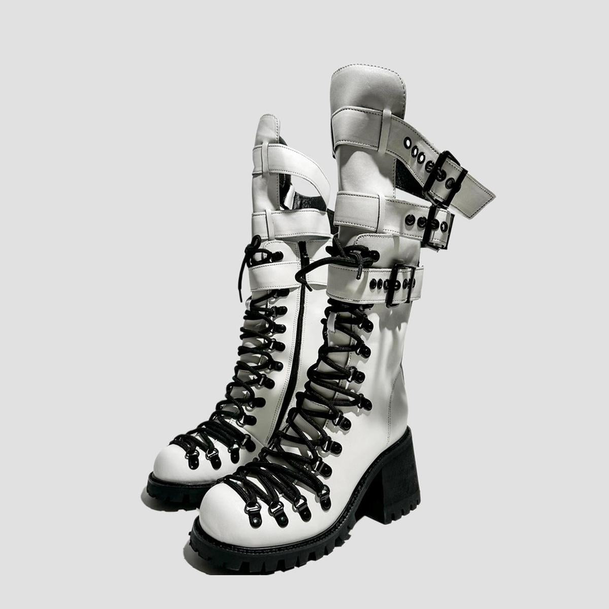 White Multi-Strap Heeled Combat Boots