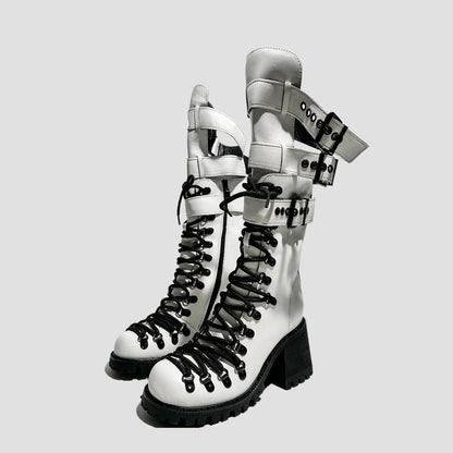 White Multi-Strap Heeled Combat Boots