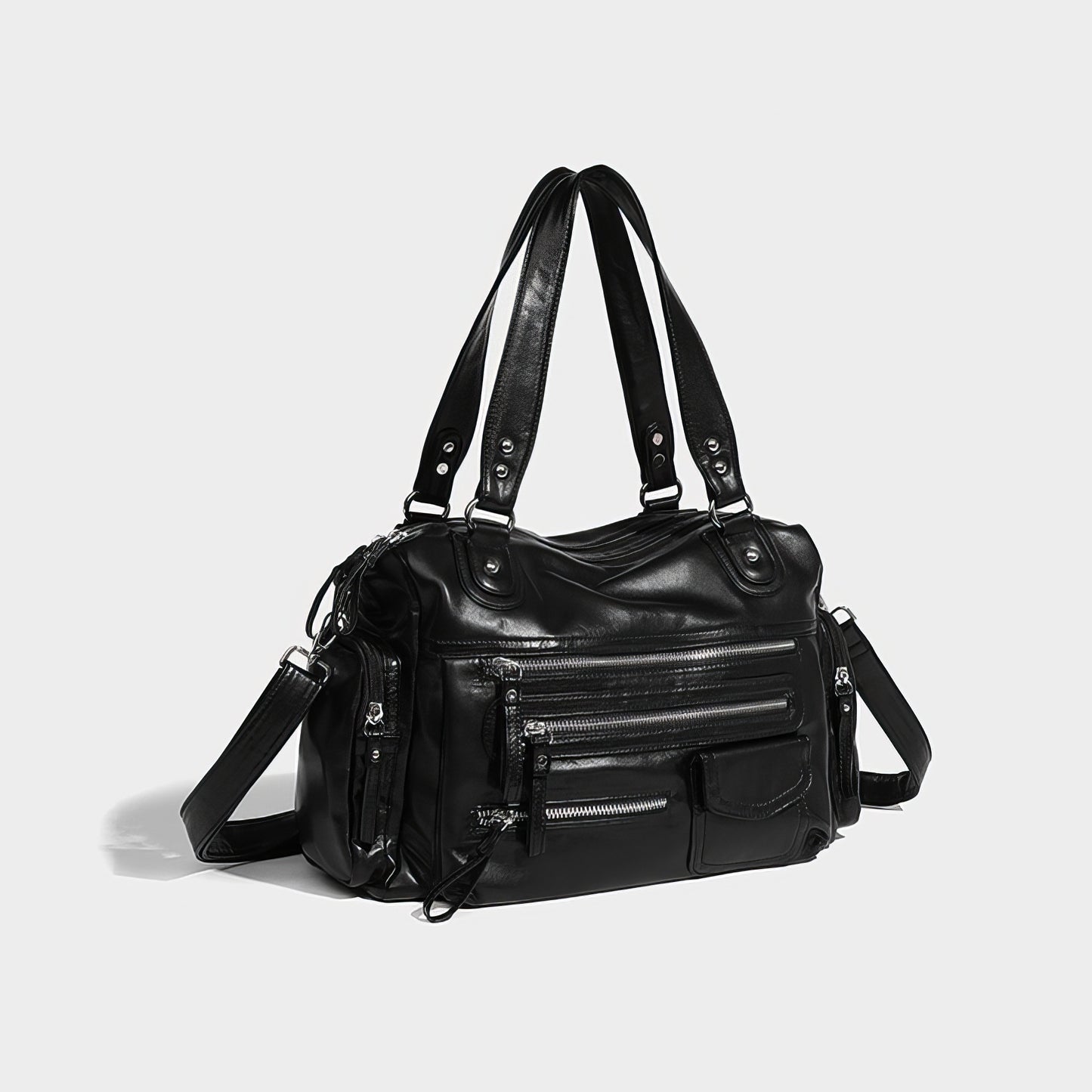 Multi-Zip Faux Leather Double Strap Shoulder Bag