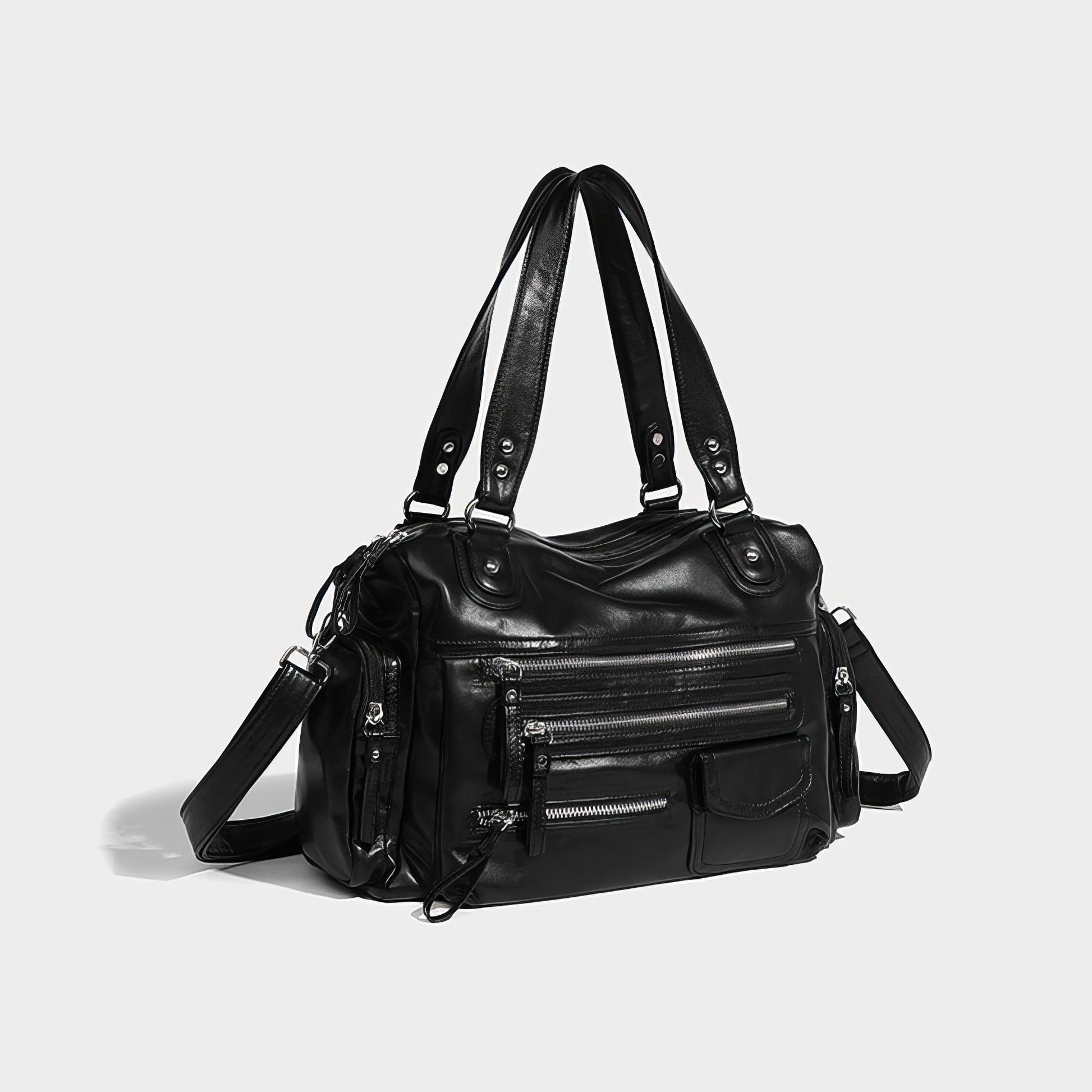 Multi-Zip Faux Leather Double Strap Shoulder Bag