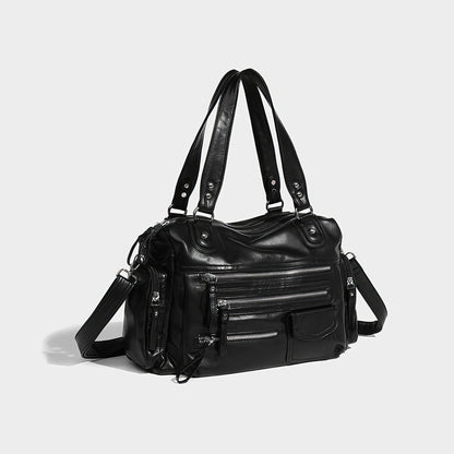 Multi-Zip Faux Leather Double Strap Shoulder Bag