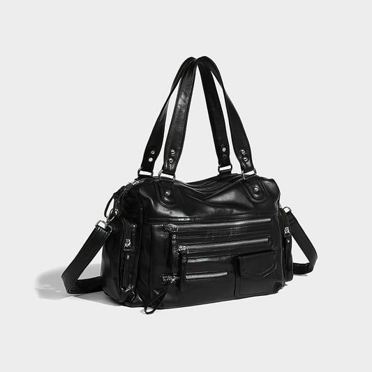 Multi-Zip Faux Leather Double Strap Shoulder Bag