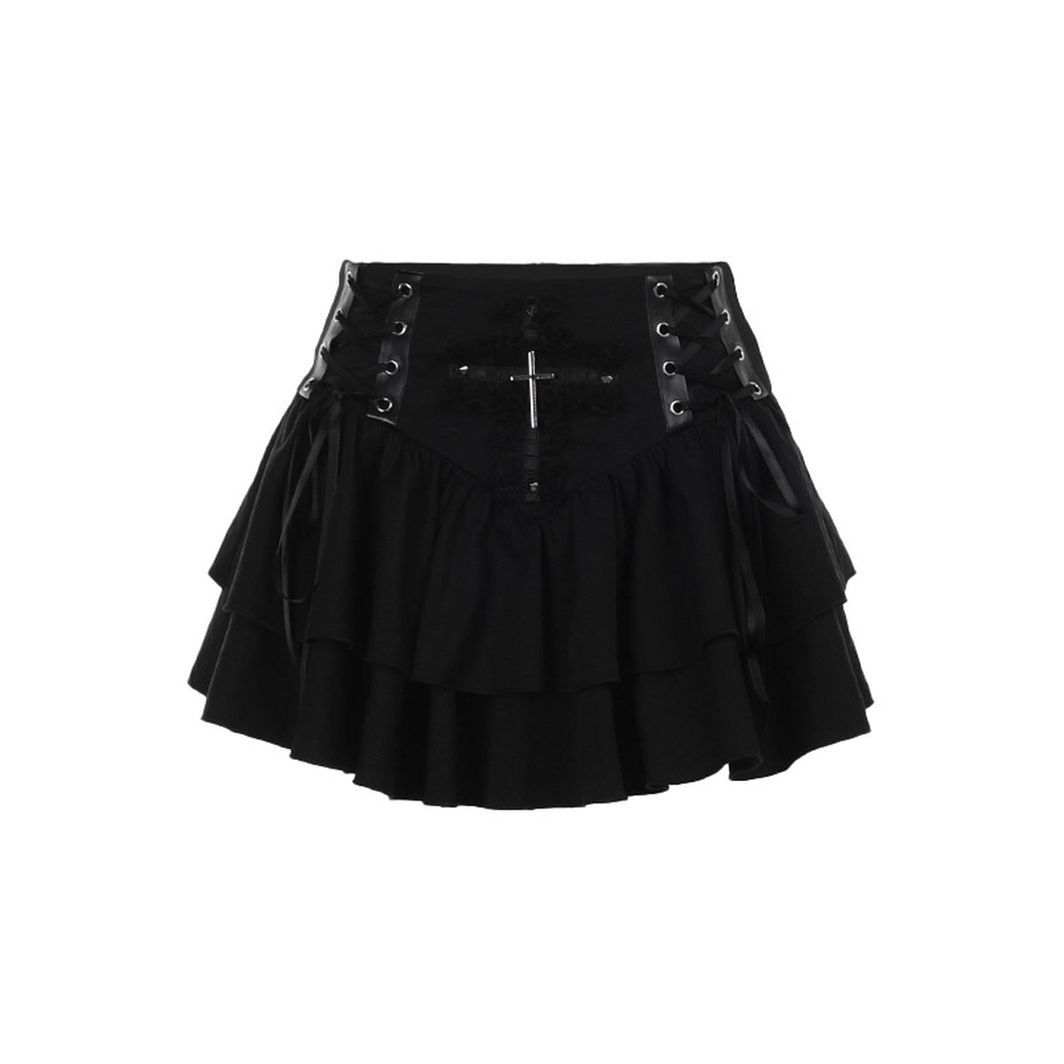 Black Lace-Up Ruffle Skirt