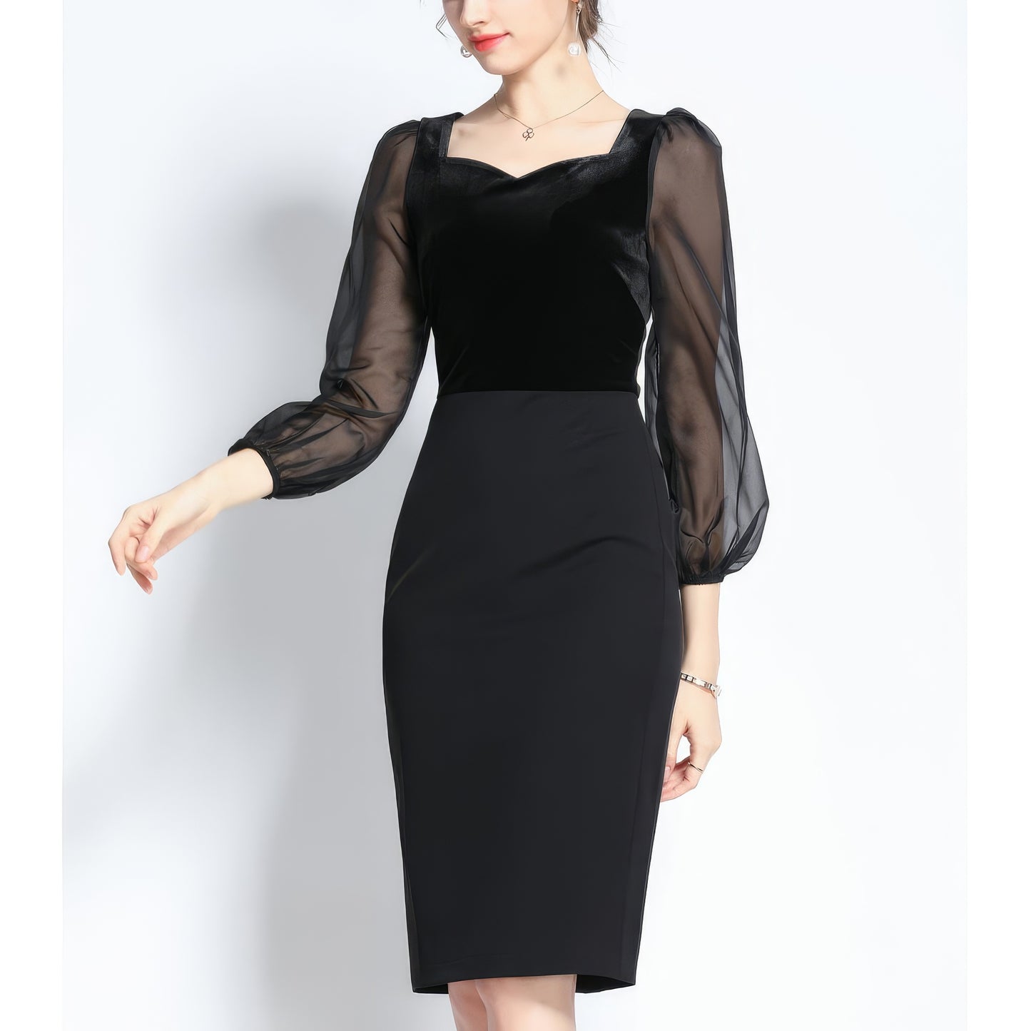 Velvet Sheer Sleeve Sweetheart Pencil Dress