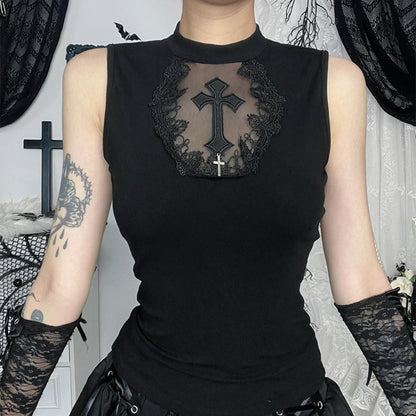 Sheer Cross Appliqué Sleeveless Top