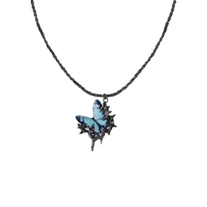 Layered Butterfly Pendant Leather Choker