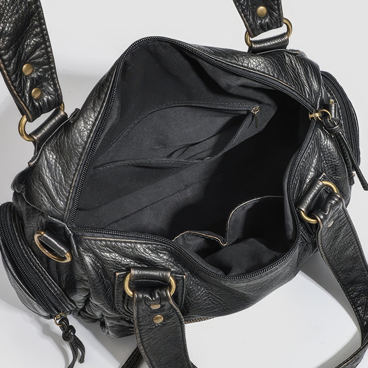 Multi-Zip Textured Faux Leather Shoulder Bag