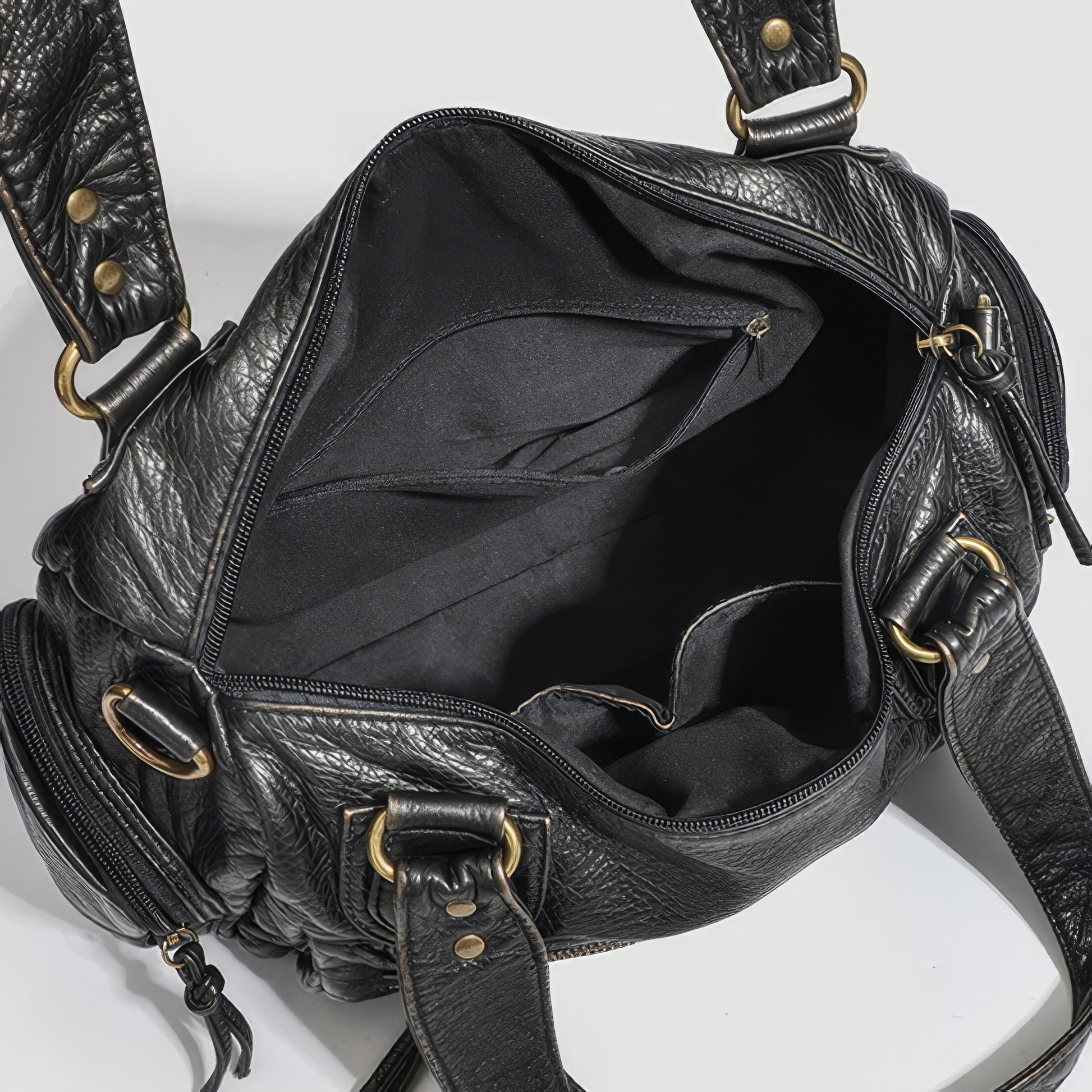 Multi-Zip Textured Faux Leather Shoulder Bag