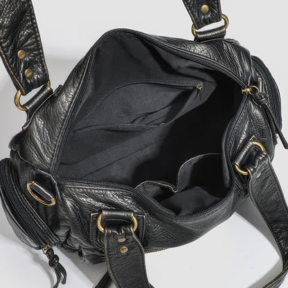 Multi-Zip Textured Faux Leather Shoulder Bag