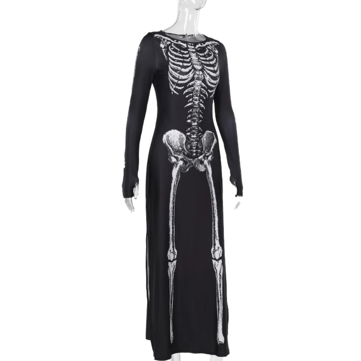 Skeleton Print Long Sleeve Maxi Dress