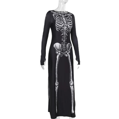 Skeleton Print Long Sleeve Maxi Dress