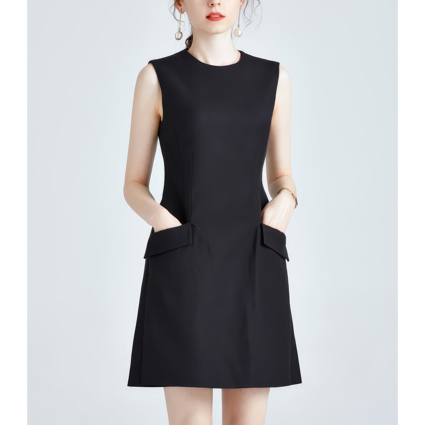 Sleeveless Flap Pocket Black Mini Dress