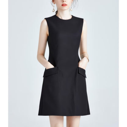 Sleeveless Flap Pocket Black Mini Dress