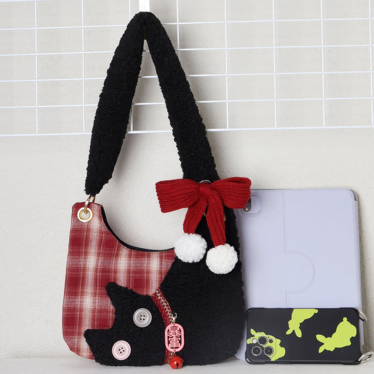 Plaid Fleece Cat Accent Mini Shoulder Bag