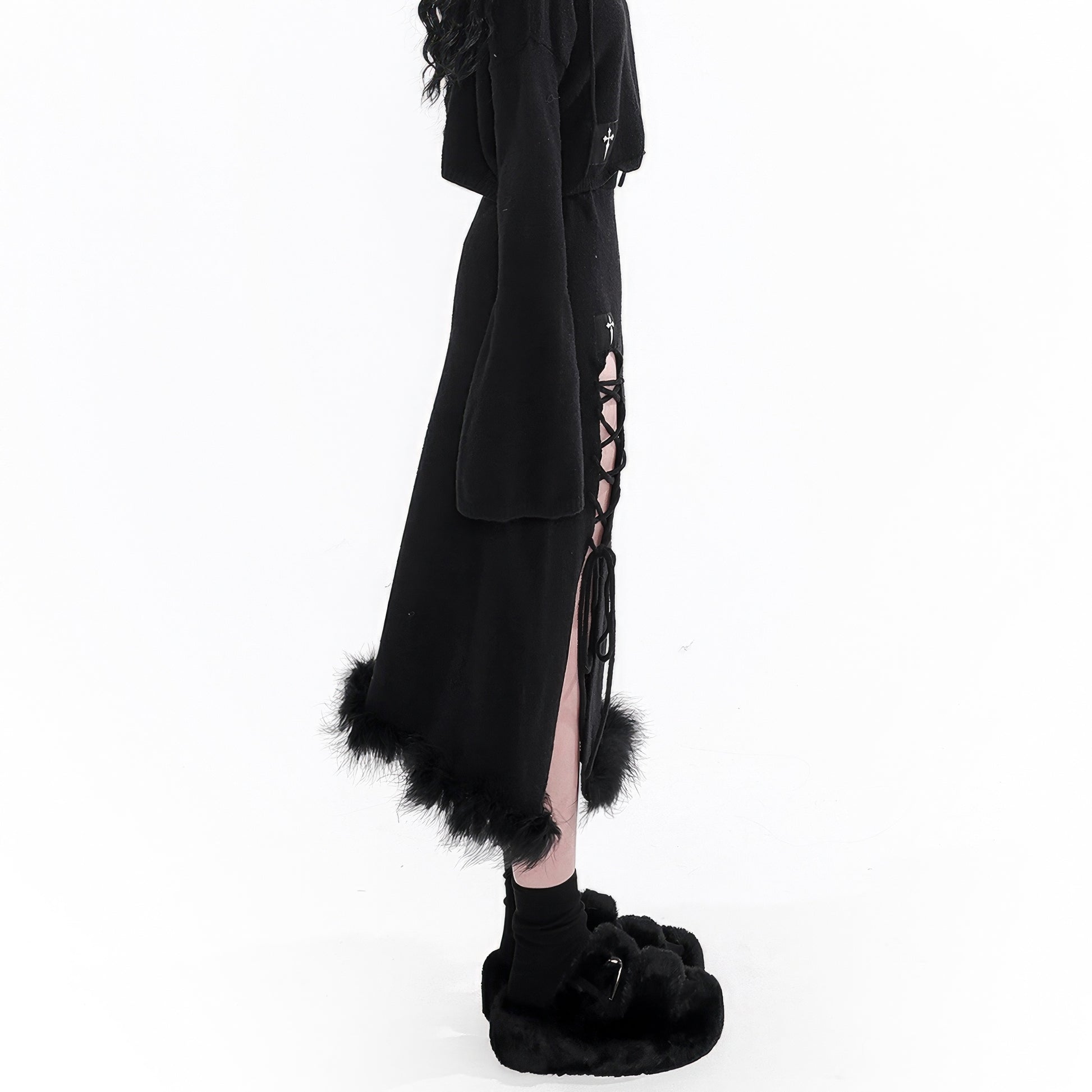 Faux Fur Hem Knit Skirt with Side Lace-Up Detail