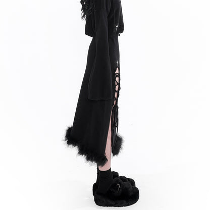 Faux Fur Hem Knit Skirt with Side Lace-Up Detail