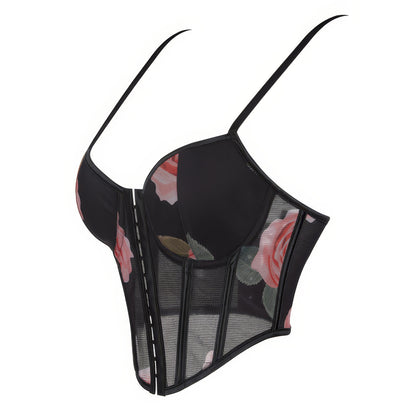 Mesh Rose Print Bustier Corset Top